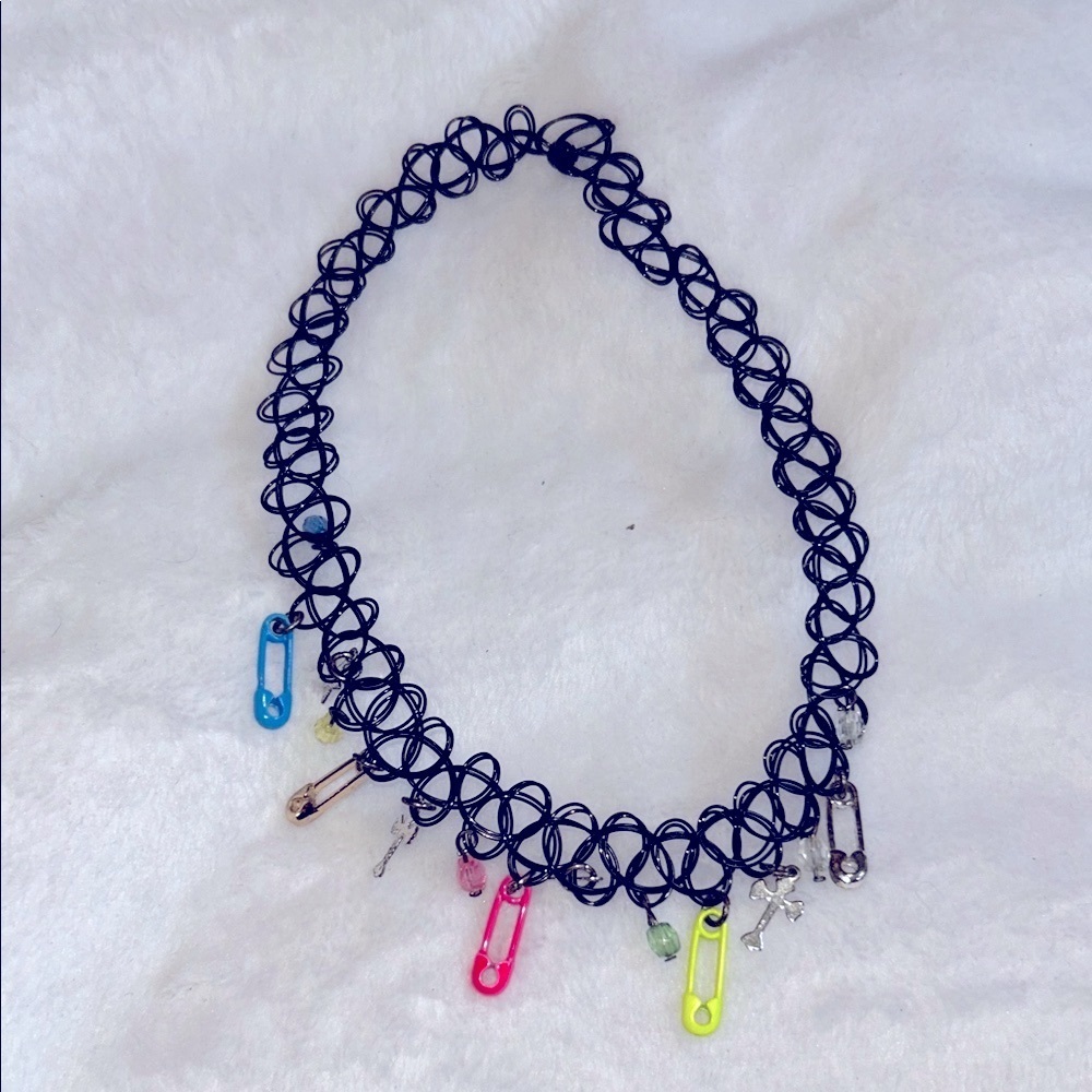 Y2K Black Tattoo Choker Necklace with Colorful pins Charms alt